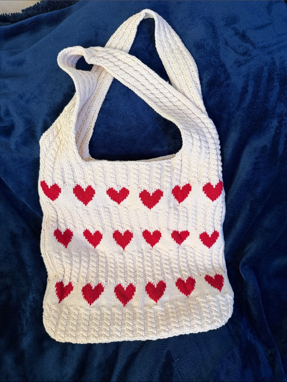 Cream Knit Heart Pattern Tote Bag with Red Hearts